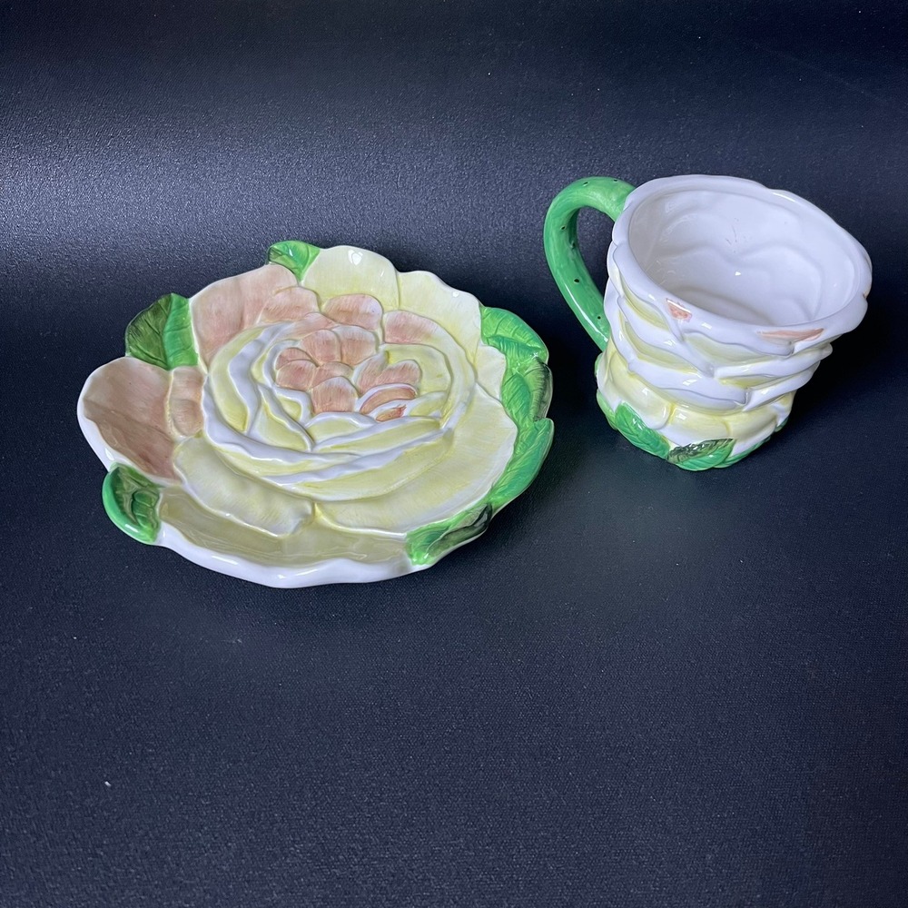 American Atelier Rose Toile 5232 3D Floral Tea Cup and Desert Plate Cottagecore